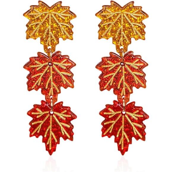Crystal Maple Leaf Earrings | Sparkly Orange Red Dangle Drops - Picture 1 of 6